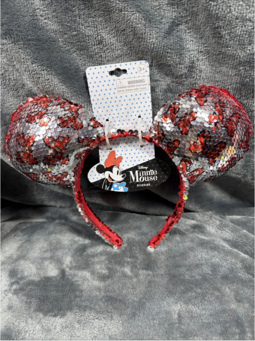 Disney Minnie Mouse Mickey Mouse Bow Red Silver Sequin Ears Headband NEW